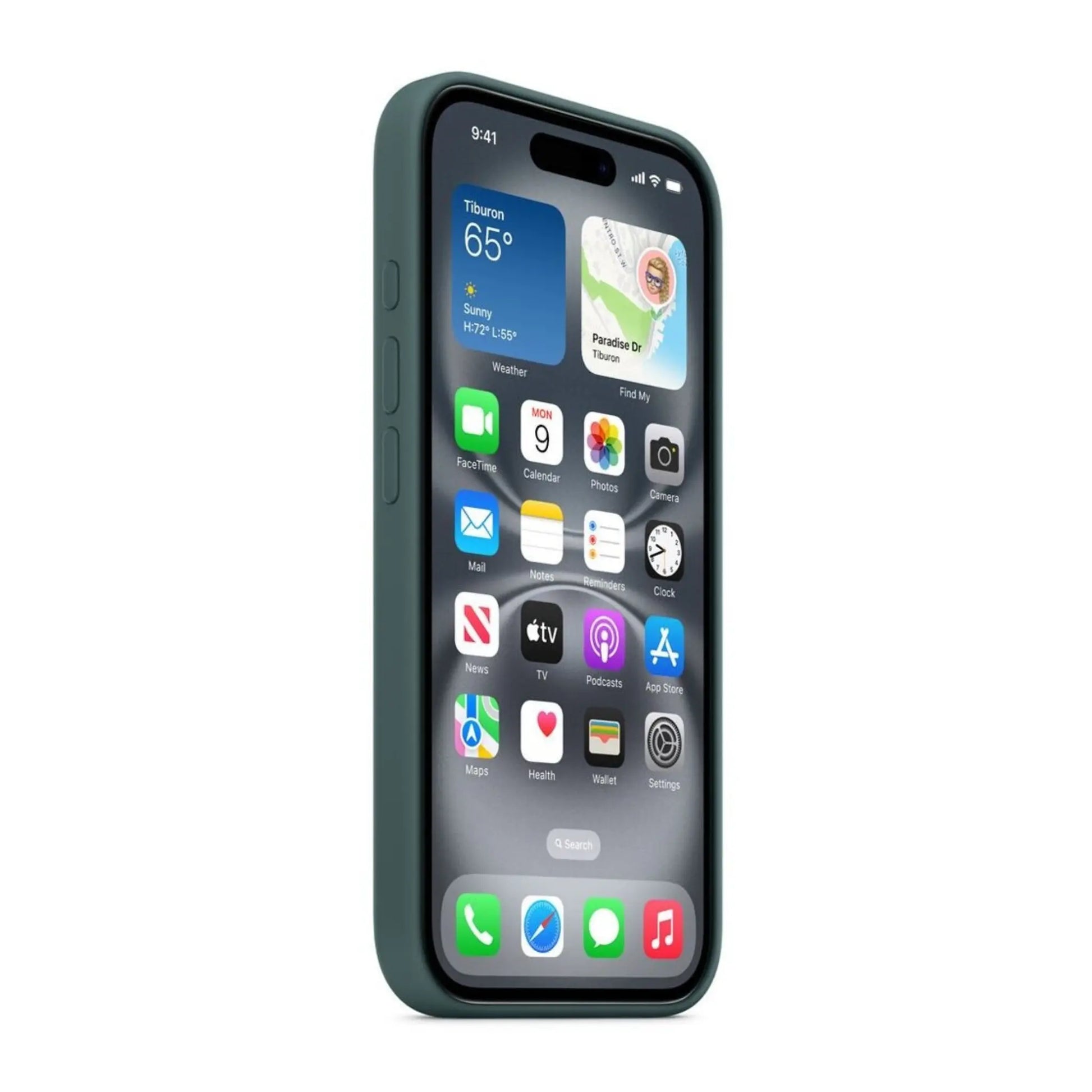 Das Bild zeigt die Apple iPhone Handyhülle MYYH3ZM/A aus Silikon. Sie ist kompatibel mit dem iPhone 16 Plus. In der Farbe Seegrün aus der Schrägansicht.