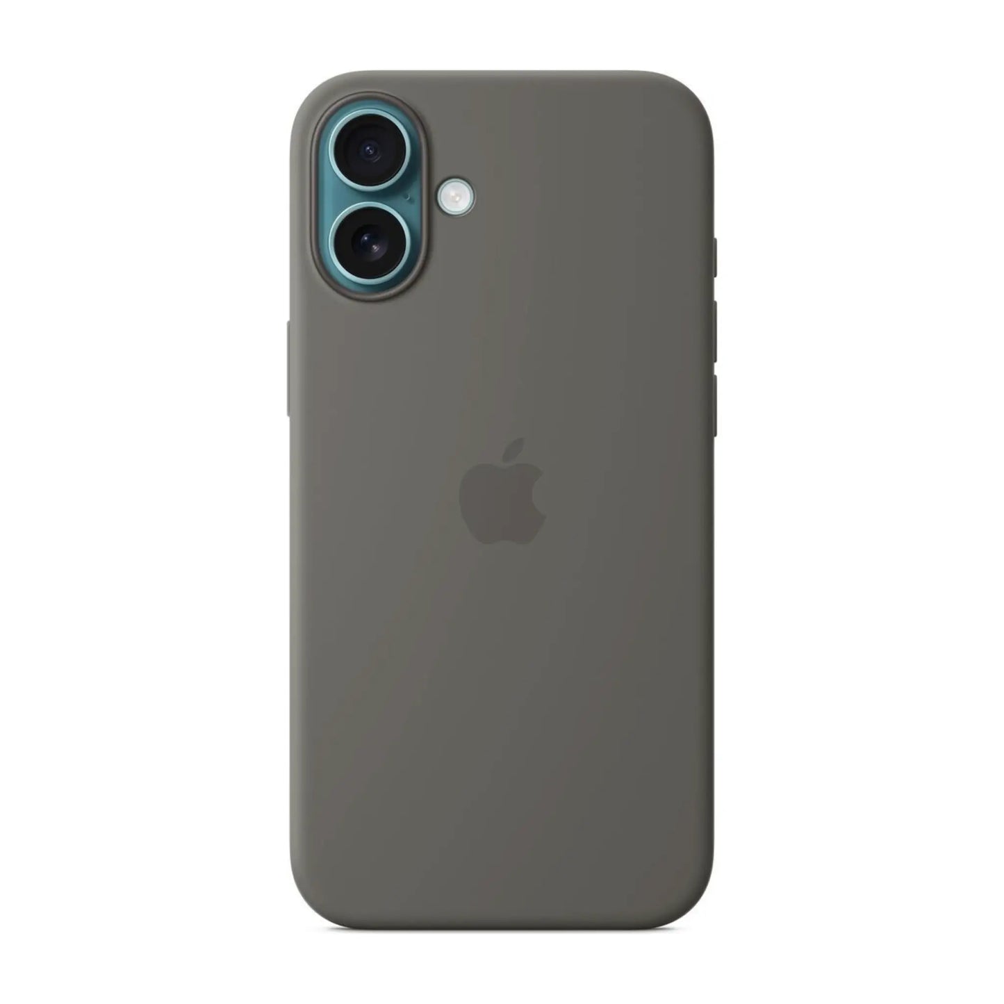Das Bild zeigt die Apple iPhone Handyhülle MYYC3ZM/A aus Silikon. Sie ist kompatibel mit dem iPhone 16 Plus. In der Farbe Steingrau aus der Frontansicht.