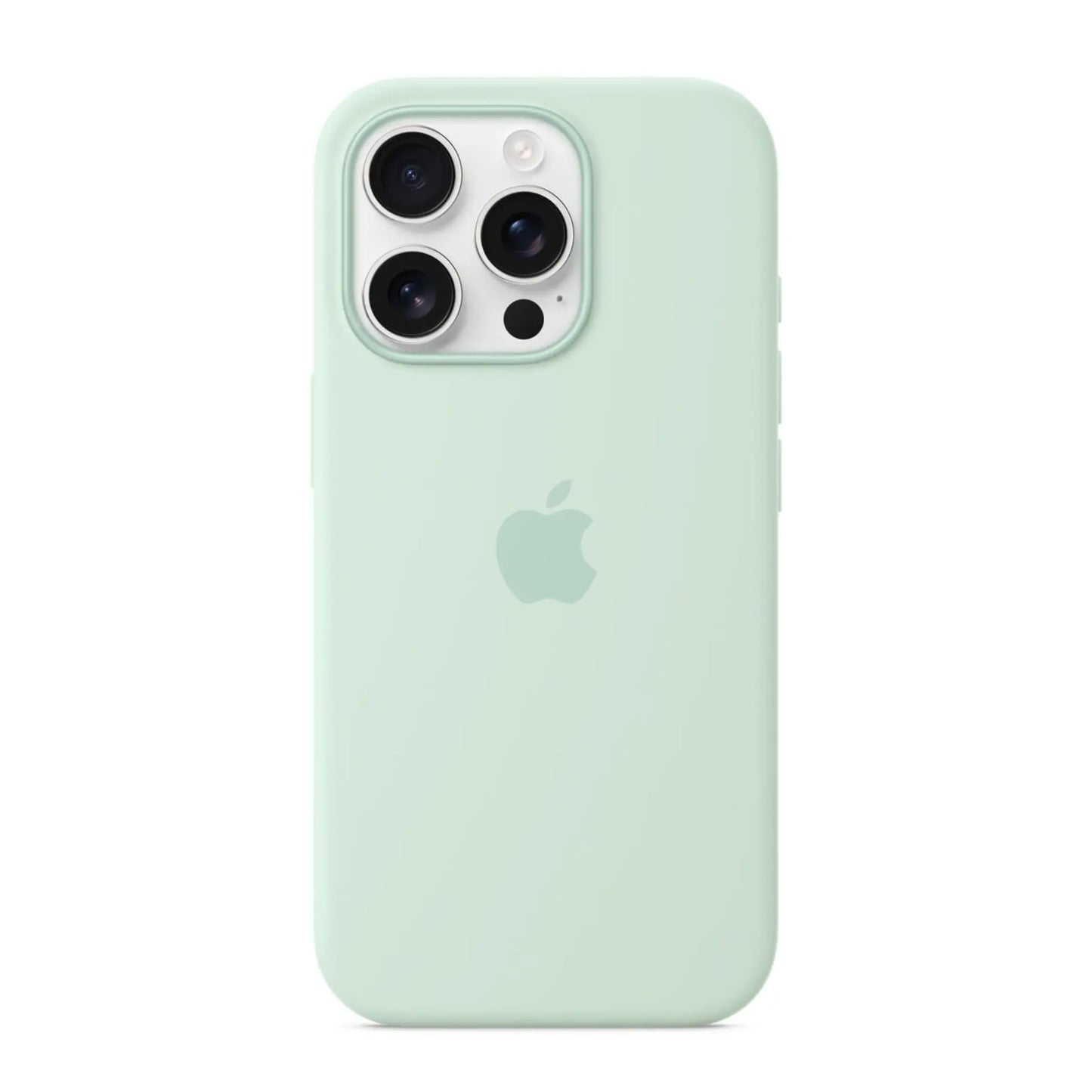 Das Bild zeigt die Apple iPhone Handyhülle aus Silikon. Sie ist kompatibel mit dem iPhone 16 Pro. In der Farbe Aquamarin aus der Frontansicht.