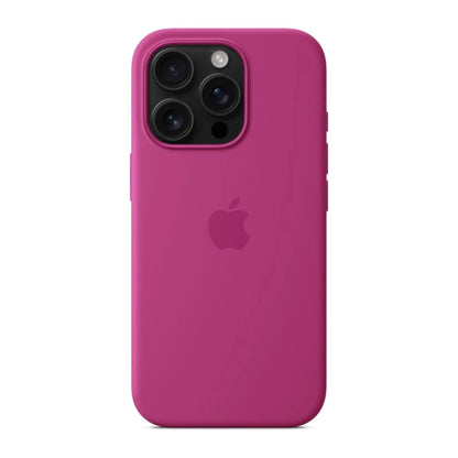 Das Bild zeigt die Apple iPhone Handyhülle aus Silikon. Sie ist kompatibel mit dem iPhone 16 Pro. In der Farbe Fuchsia aus der Frontansicht.