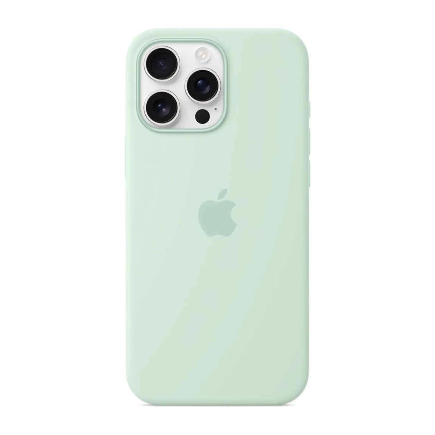 Das Bild zeigt die Apple iPhone Handyhülle MDGY4ZM/A aus Silikon. Sie ist kompatibel mit dem iPhone 16 Pro Max. In der Farbe Aquamarin aus der Frontansicht.