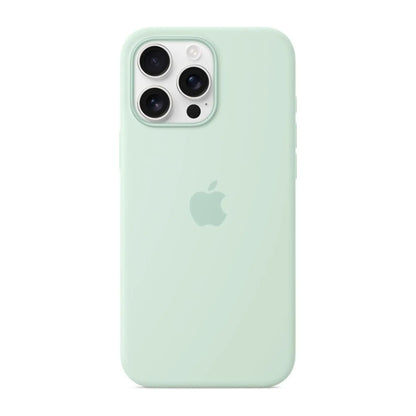 Das Bild zeigt die Apple iPhone Handyhülle MDGY4ZM/A aus Silikon. Sie ist kompatibel mit dem iPhone 16 Pro Max. In der Farbe Aquamarin aus der Frontansicht.