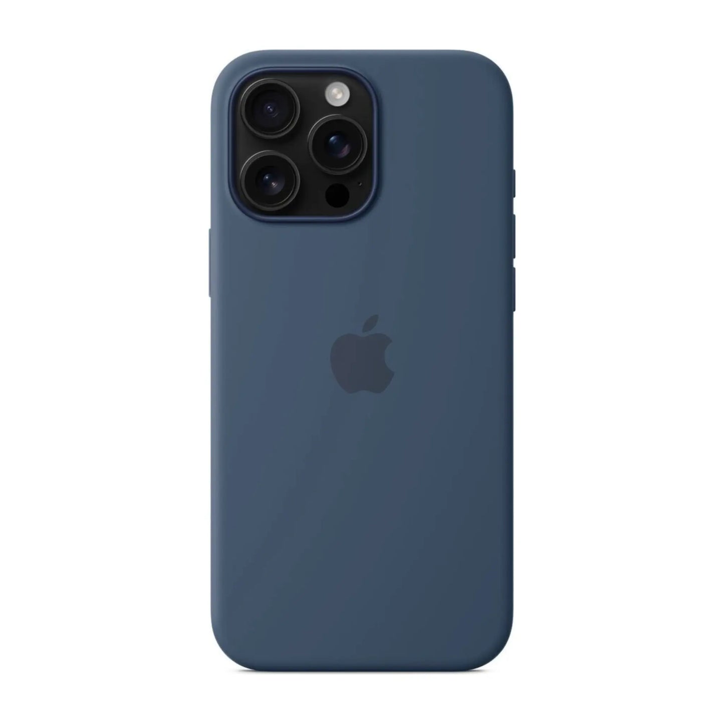 Das Bild zeigt die Apple iPhone Handyhülle MYYU3ZM/A aus Silikon. Sie ist kompatibel mit dem iPhone 16 Pro Max. In der Farbe Denim aus der Frontansicht.