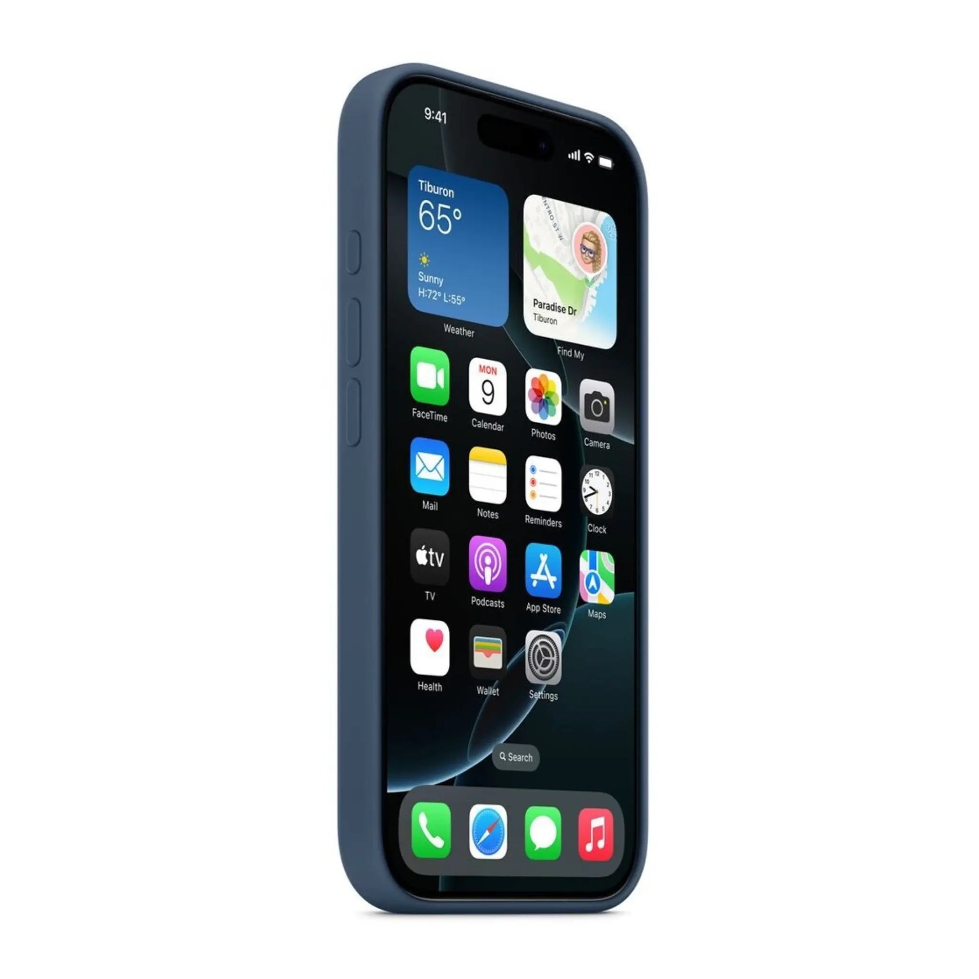 Das Bild zeigt die Apple iPhone Handyhülle MYYU3ZM/A aus Silikon. Sie ist kompatibel mit dem iPhone 16 Pro Max. In der Farbe Denim aus der Schrägansicht.