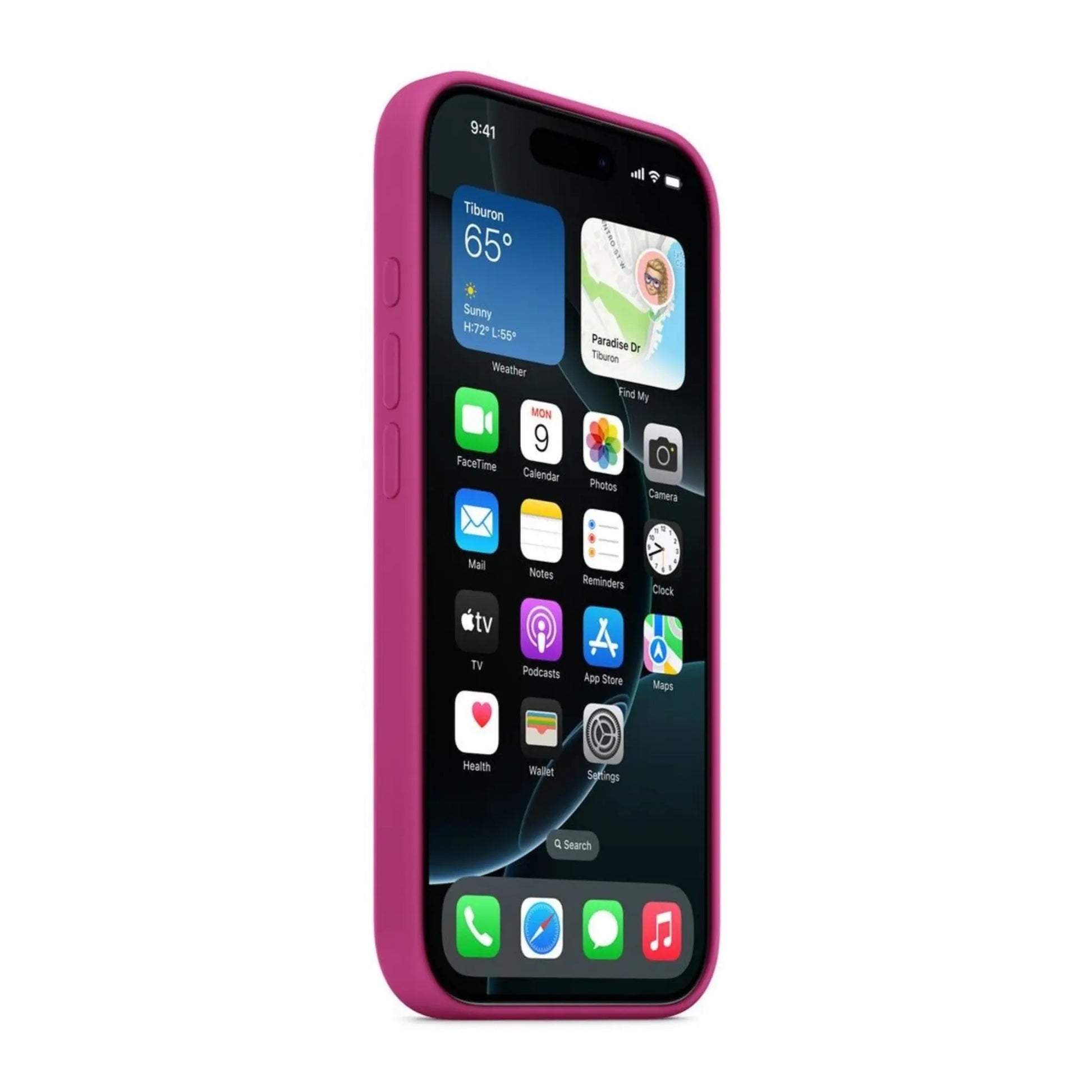 Das Bild zeigt die Apple iPhone Handyhülle MYYX3ZM/A aus Silikon. Sie ist kompatibel mit dem iPhone 16 Pro Max. In der Farbe Fuchsia aus der Schrägansicht.