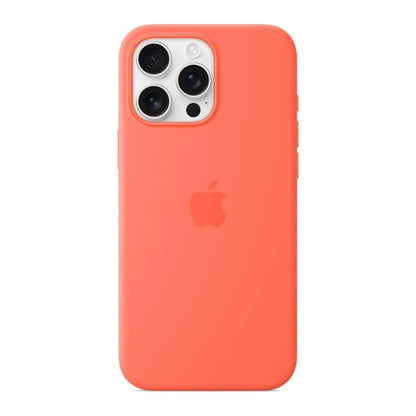 Das Bild zeigt die Apple iPhone Handyhülle MDGX4ZM/A aus Silikon. Sie ist kompatibel mit dem iPhone 16 Pro Max. In der Farbe Mandarine aus der Frontansicht.