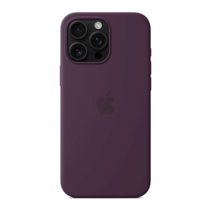 Das Bild zeigt die Apple iPhone Handyhülle MYYW3ZM/A aus Silikon. Sie ist kompatibel mit dem iPhone 16 Pro Max. In der Farbe Pflaume aus der Frontansicht.