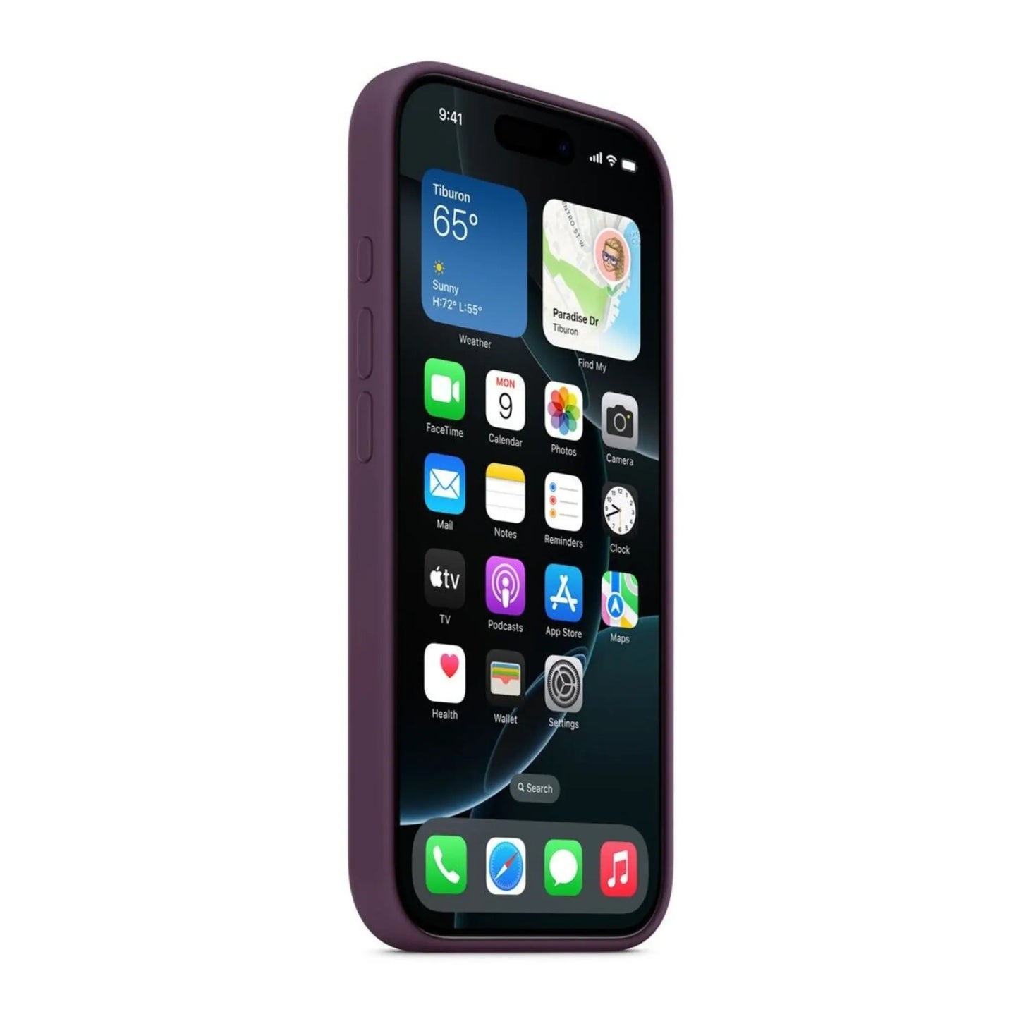 Das Bild zeigt die Apple iPhone Handyhülle MYYW3ZM/A aus Silikon. Sie ist kompatibel mit dem iPhone 16 Pro Max. In der Farbe Pflaume aus der Schrägansicht.