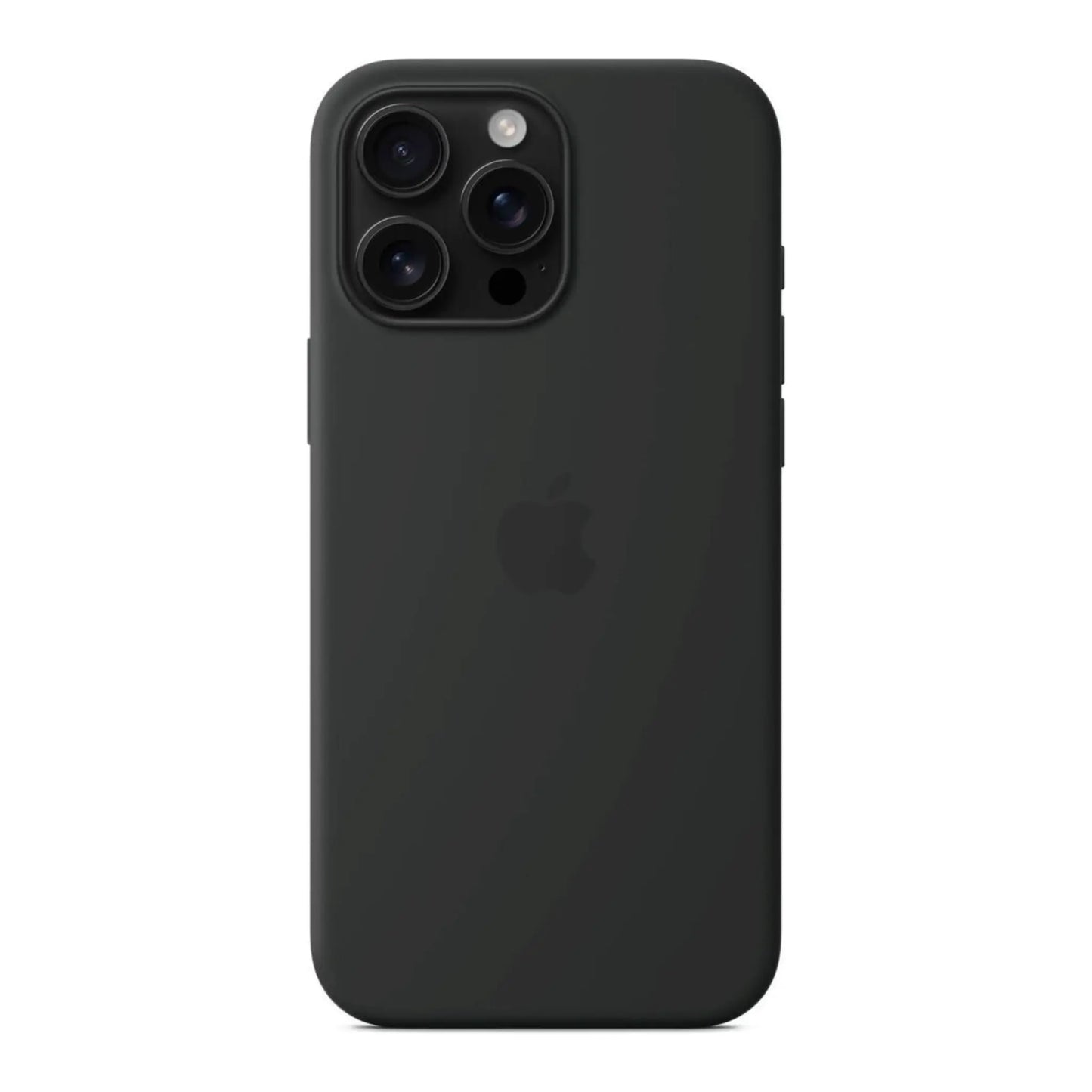 Das Bild zeigt die Apple iPhone Handyhülle MYYT3ZM/A aus Silikon. Sie ist kompatibel mit dem iPhone 16 Pro Max. In der Farbe Schwarz aus der Frontansicht.