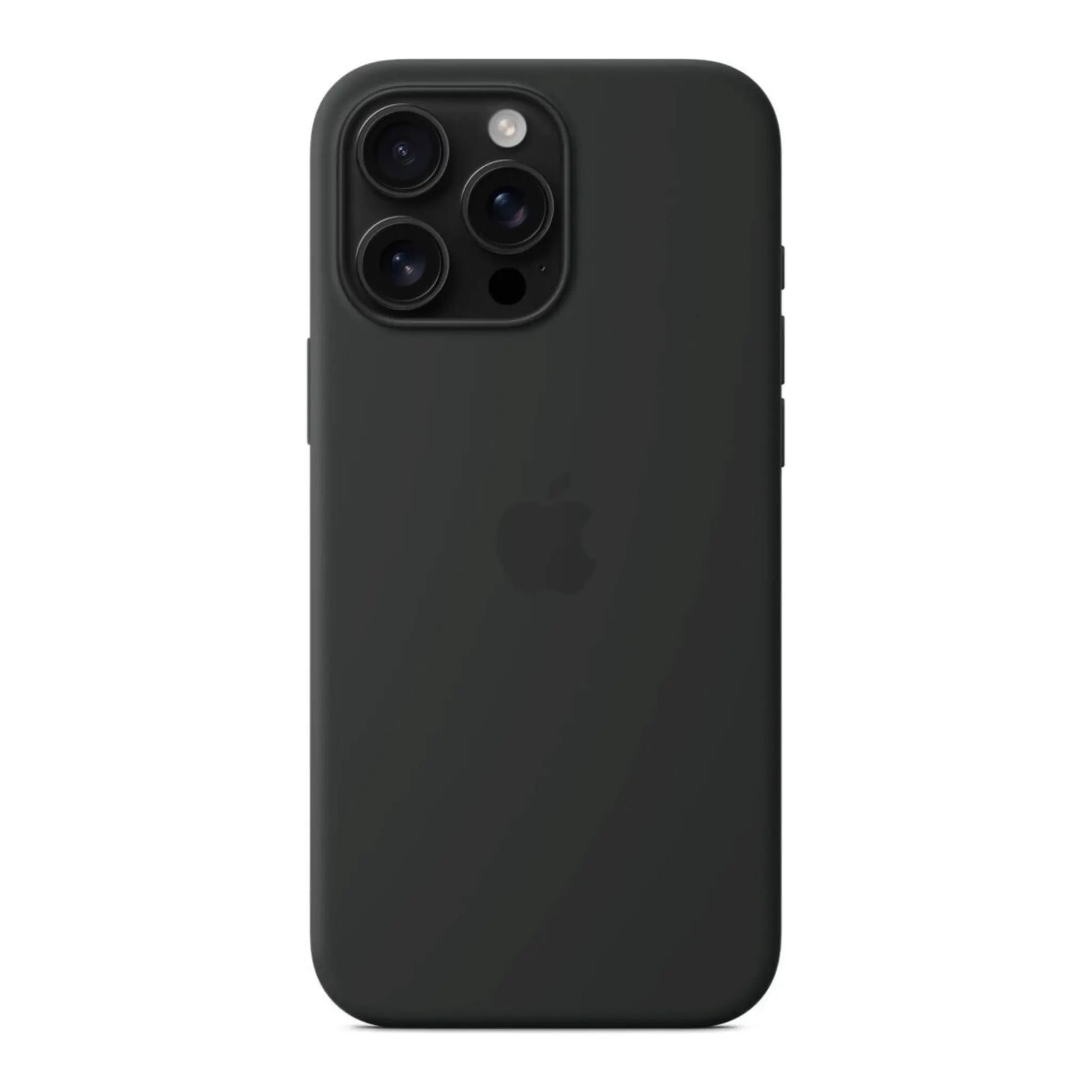 Das Bild zeigt die Apple iPhone Handyhülle MYYT3ZM/A aus Silikon. Sie ist kompatibel mit dem iPhone 16 Pro Max. In der Farbe Schwarz aus der Frontansicht.