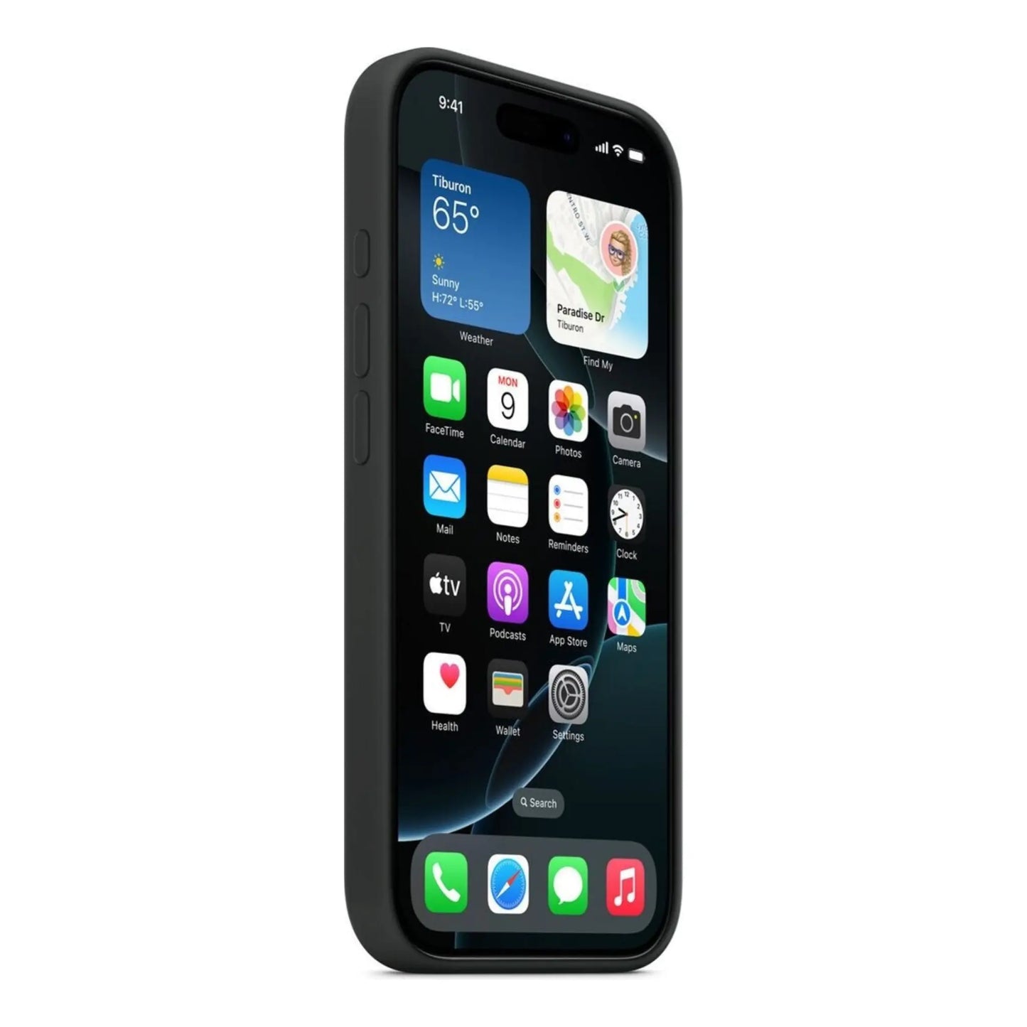 Das Bild zeigt die Apple iPhone Handyhülle MYYT3ZM/A aus Silikon. Sie ist kompatibel mit dem iPhone 16 Pro Max. In der Farbe Schwarz aus der Schrägansicht.