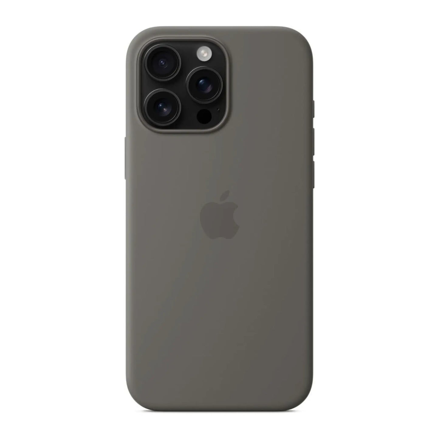Das Bild zeigt die Apple iPhone Handyhülle MYYV3ZM/A aus Silikon. Sie ist kompatibel mit dem iPhone 16 Pro Max. In der Farbe Steingrau aus der Frontansicht.