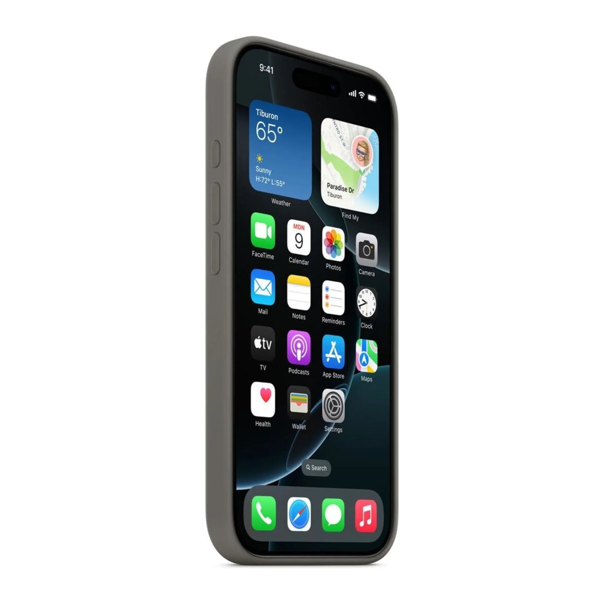 Das Bild zeigt die Apple iPhone Handyhülle MYYV3ZM/A aus Silikon. Sie ist kompatibel mit dem iPhone 16 Pro Max. In der Farbe Steingrau aus der Schrägansicht.