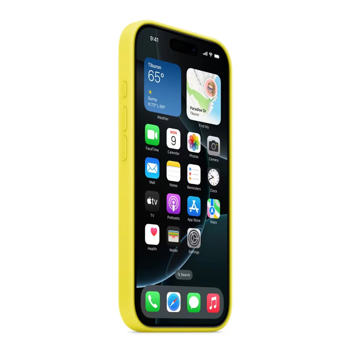 Das Bild zeigt die Apple iPhone Handyhülle MA7U4ZM/A aus Silikon. Sie ist kompatibel mit dem iPhone 16 Pro Max. In der Farbe Sternfrucht aus der Schrägansicht.