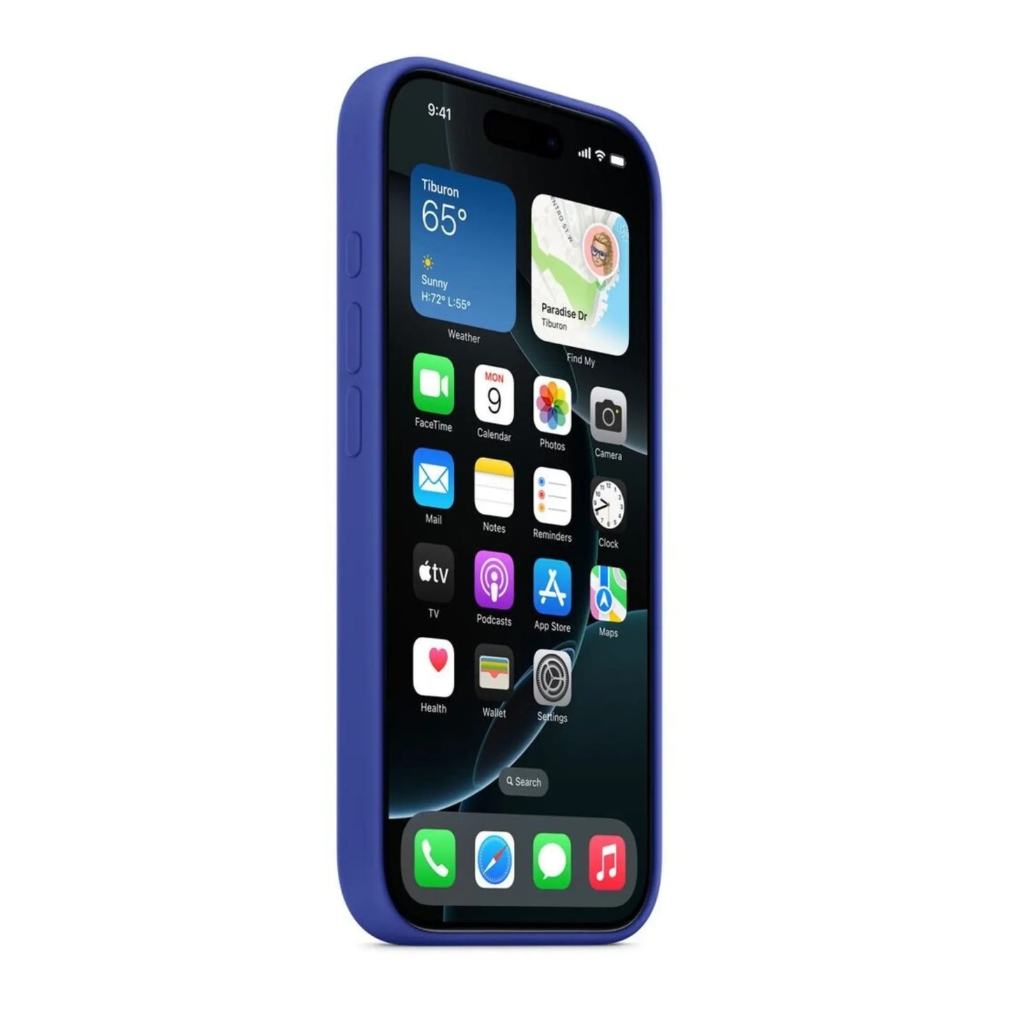 Das Bild zeigt die Apple iPhone Handyhülle MYYY3ZM/A aus Silikon. Sie ist kompatibel mit dem iPhone 16 Pro Max. In der Farbe Ultramarin aus der Schrägansicht.