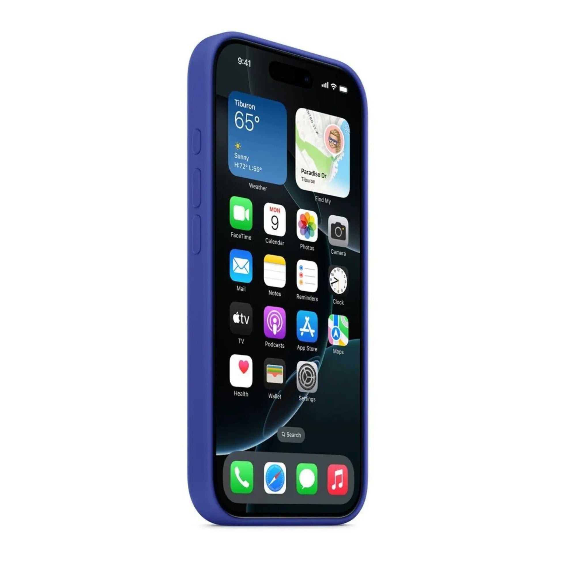 Das Bild zeigt die Apple iPhone Handyhülle MYYY3ZM/A aus Silikon. Sie ist kompatibel mit dem iPhone 16 Pro Max. In der Farbe Ultramarin aus der Schrägansicht.