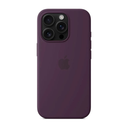 Das Bild zeigt die Apple iPhone Handyhülle aus Silikon. Sie ist kompatibel mit dem iPhone 16 Pro. In der Farbe Pflaume aus der Frontansicht.