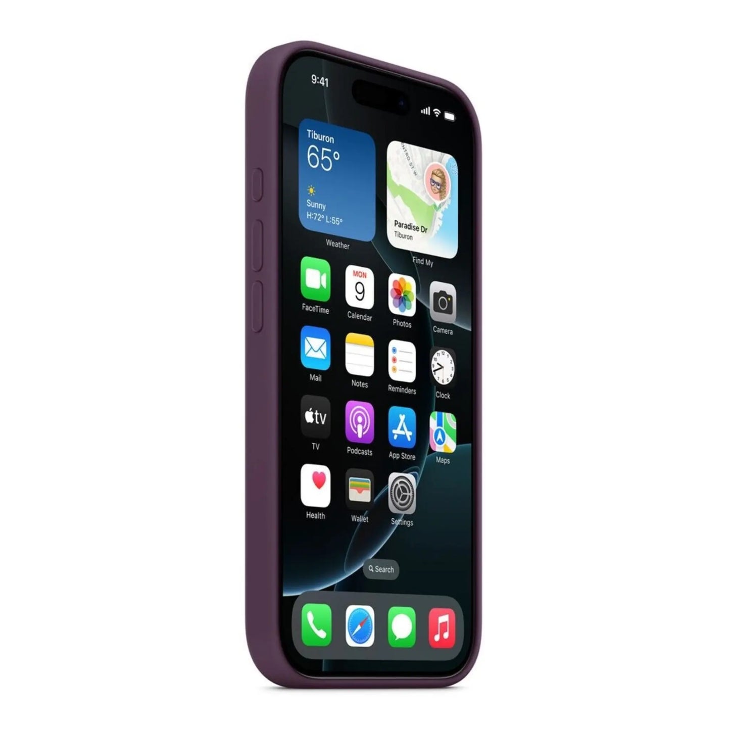 Das Bild zeigt die Apple iPhone Handyhülle aus Silikon. Sie ist kompatibel mit dem iPhone 16 Pro. In der Farbe Pflaume aus der Schrägansicht.