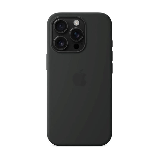 Das Bild zeigt die Apple iPhone Handyhülle aus Silikon. Sie ist kompatibel mit dem iPhone 16 Pro. In der Farbe Schwarz aus der Frontansicht.