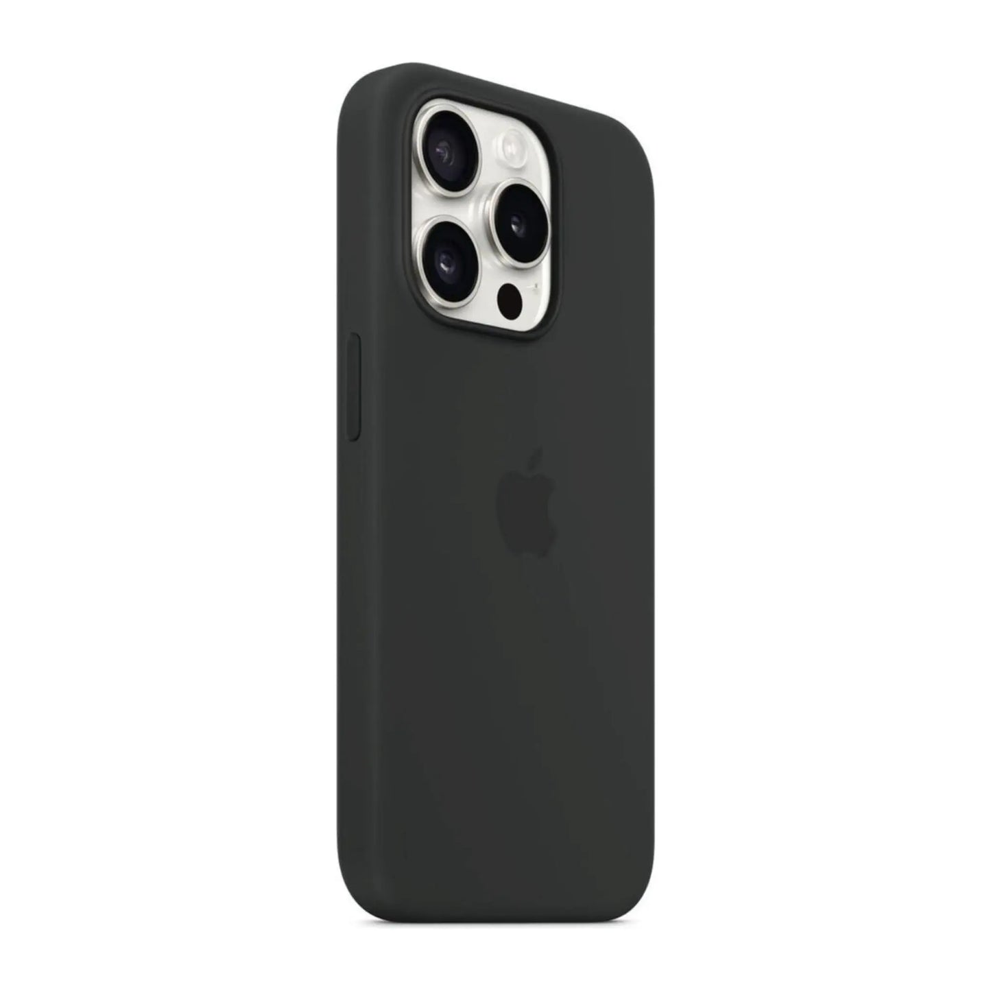 Das Bild zeigt die Apple iPhone Handyhülle aus Silikon. Sie ist kompatibel mit dem iPhone 16 Pro. In der Farbe Schwarz aus der Schrägansicht.