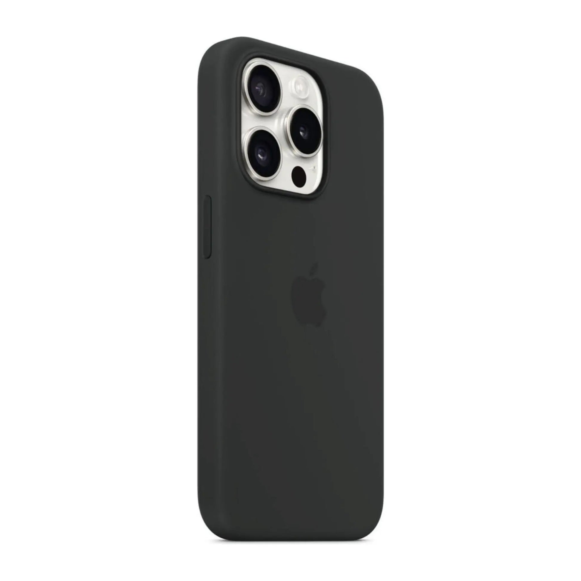 Das Bild zeigt die Apple iPhone Handyhülle aus Silikon. Sie ist kompatibel mit dem iPhone 16 Pro. In der Farbe Schwarz aus der Schrägansicht.