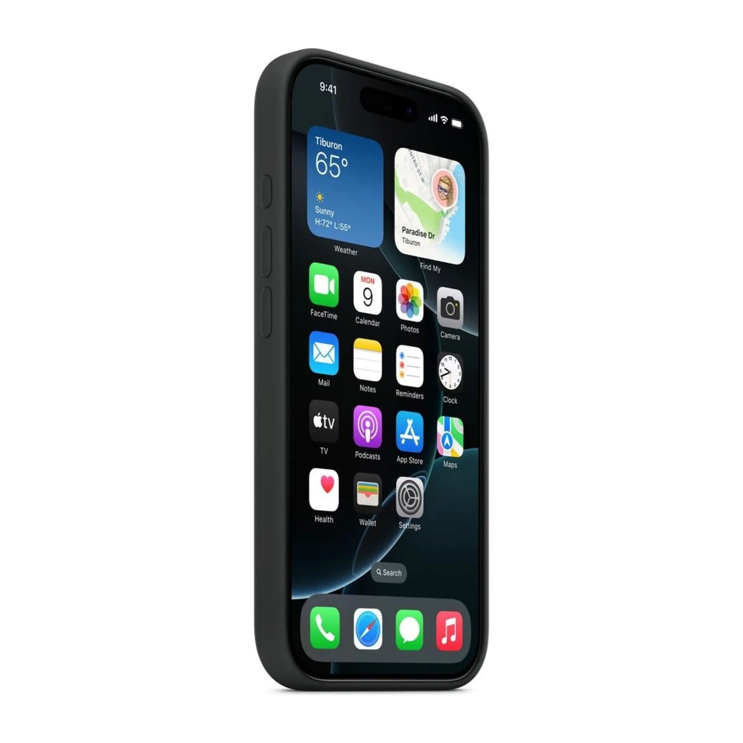 Das Bild zeigt die Apple iPhone Handyhülle aus Silikon. Sie ist kompatibel mit dem iPhone 16 Pro. In der Farbe Schwarz aus der Seitenansicht.