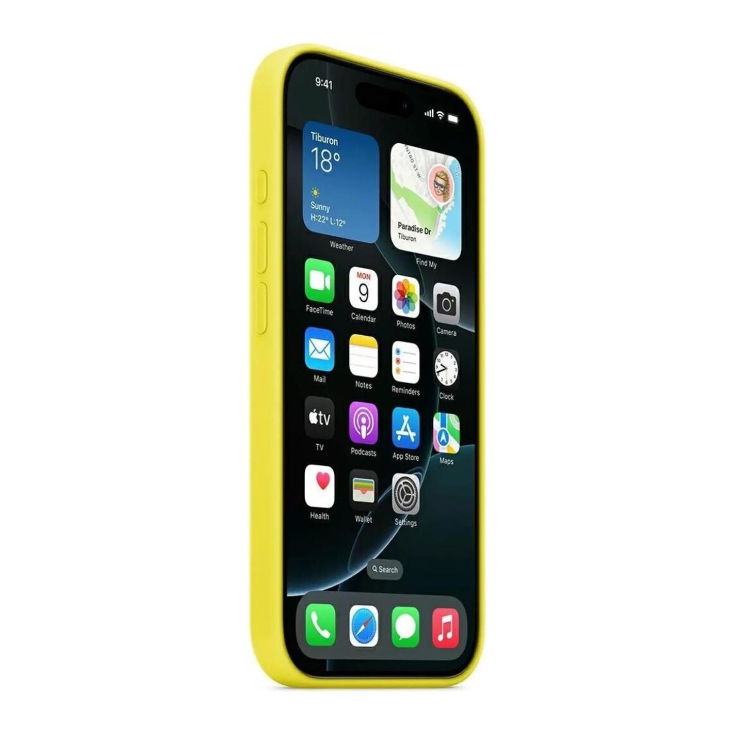 Das Bild zeigt die Apple iPhone Handyhülle aus Silikon. Sie ist kompatibel mit dem iPhone 16 Pro. In der Farbe Sternfrucht aus der Schrägansicht.