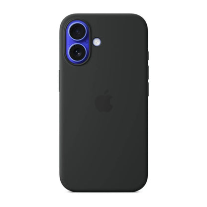 Das Bild zeigt die Apple iPhone Handyhülle MYY13ZM/A aus Silikon. Sie ist kompatibel mit dem iPhone 16. In der Farbe Schwarz aus der Frontansicht.