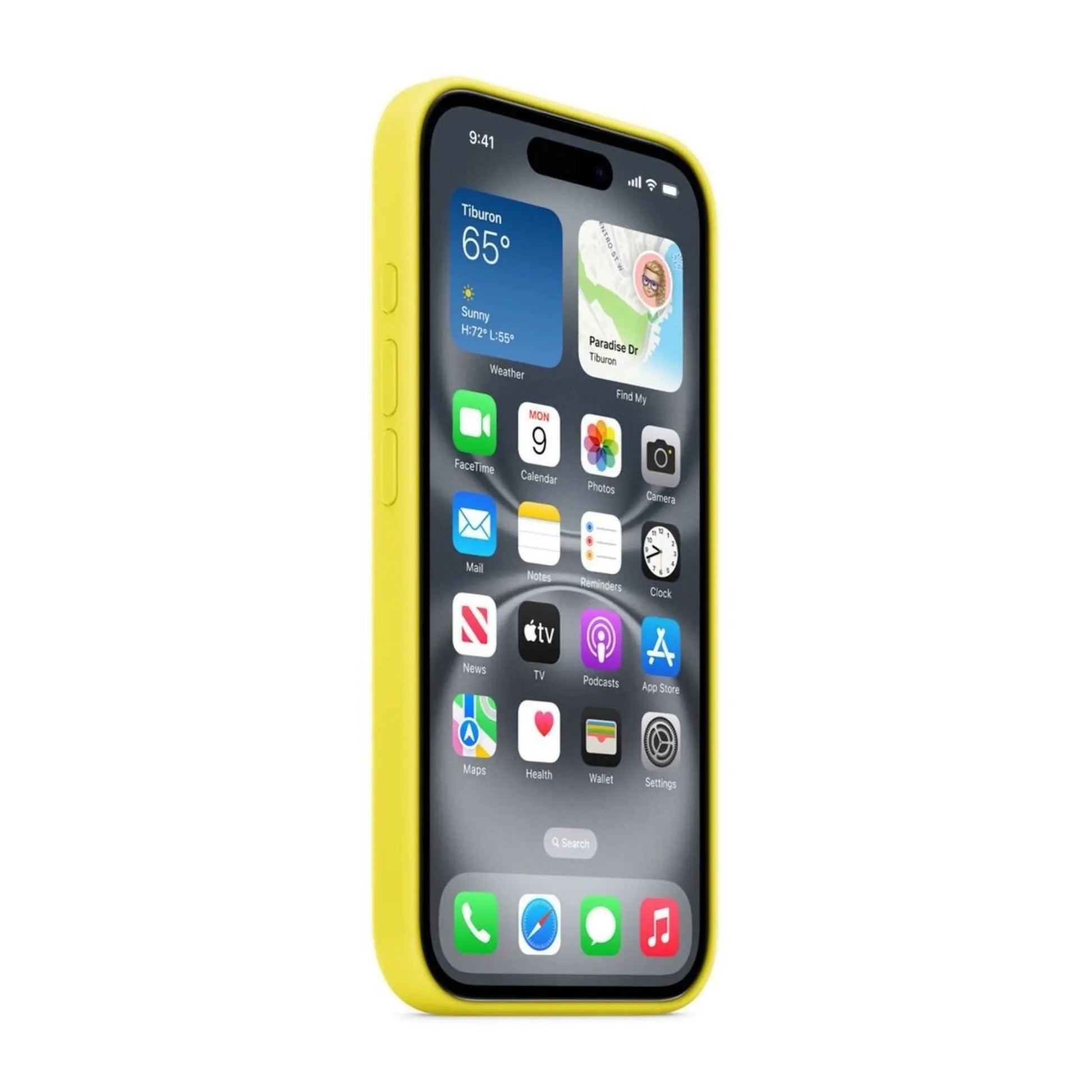 Das Bild zeigt die Apple iPhone Handyhülle MYY73ZM/A aus Silikon. Sie ist kompatibel mit dem iPhone 16. In der Farbe Sternfrucht aus der Schrägansicht.