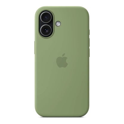Das Bild zeigt die Apple iPhone Handyhülle MGEX4ZM/A aus Silikon. Sie ist kompatibel mit dem iPhone 17. In der Farbe Hellmoosgrün aus der Frontansicht.
