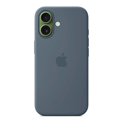 Das Bild zeigt die Apple iPhone Handyhülle MGEW4ZM/A aus Silikon. Sie ist kompatibel mit dem iPhone 17. In der Farbe Maritimblau aus der Frontansicht.