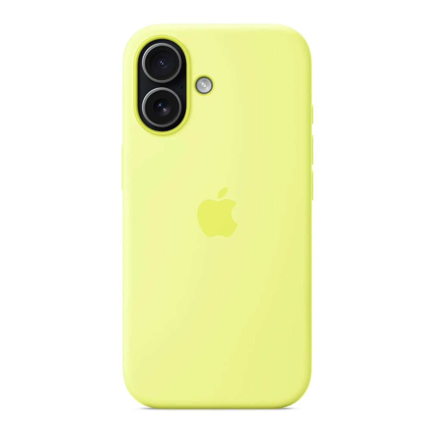 Das Bild zeigt die Apple iPhone Handyhülle MGEV4ZM/A aus Silikon. Sie ist kompatibel mit dem iPhone 17. In der Farbe Neongelb aus der Frontansicht.