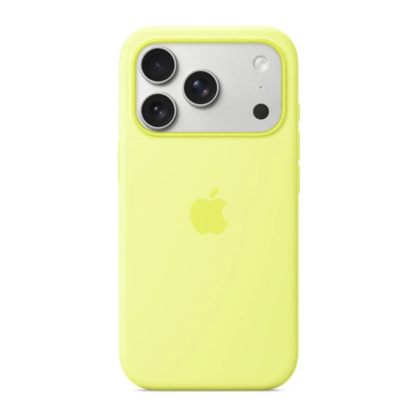 Das Bild zeigt die Apple iPhone Handyhülle MGFM4ZM/A aus Silikon. Sie ist kompatibel mit dem iPhone 17 Pro Max. In der Farbe Neongelb aus der Frontansicht.