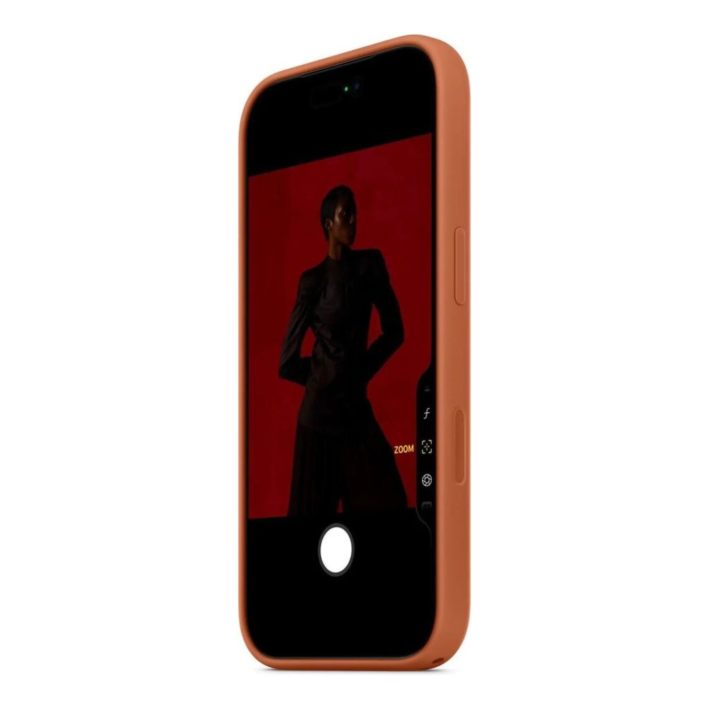 Das Bild zeigt die Apple iPhone Handyhülle MGFQ4ZM/A aus Silikon. Sie ist kompatibel mit dem iPhone 17 Pro Max. In der Farbe Terracotta aus der Schrägansicht.