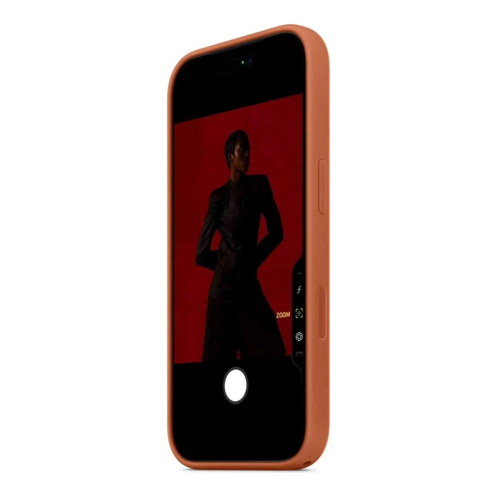 Das Bild zeigt die Apple iPhone Handyhülle MGFQ4ZM/A aus Silikon. Sie ist kompatibel mit dem iPhone 17 Pro Max. In der Farbe Terracotta aus der Schrägansicht.