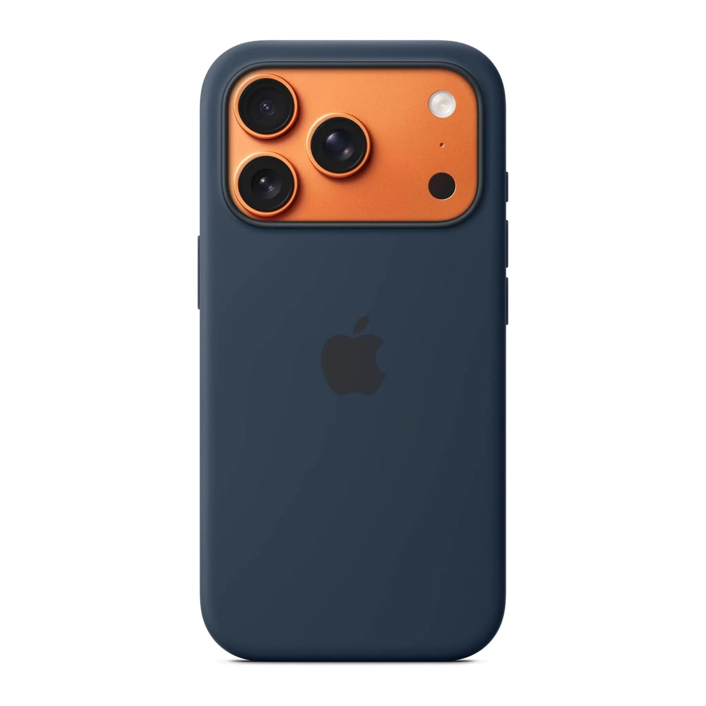 Das Bild zeigt die Apple iPhone Handyhülle MGFH4ZM/A aus Silikon. Sie ist kompatibel mit dem iPhone 17 Pro. In der Farbe Mitternacht aus der Frontansicht.