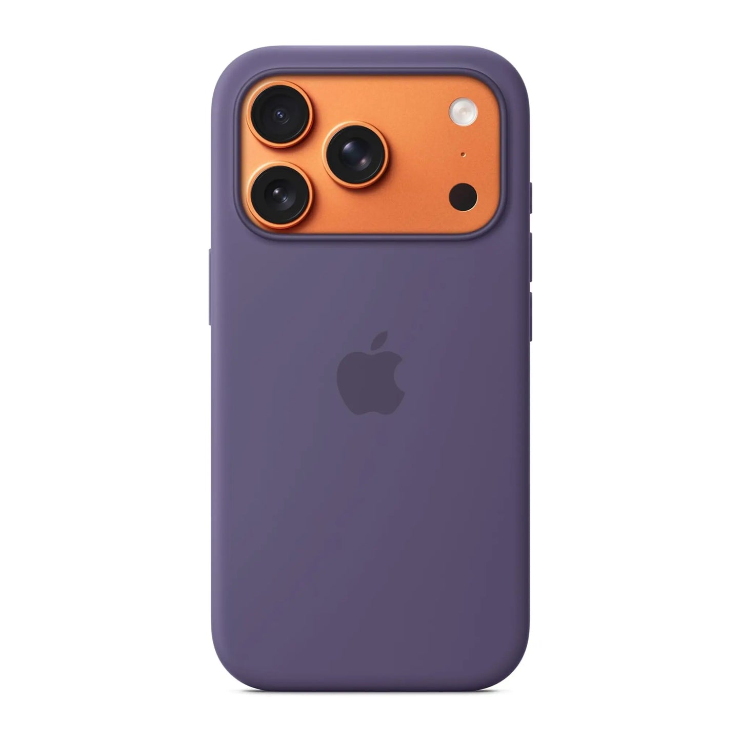 Das Bild zeigt die Apple iPhone Handyhülle MGFG4ZM/A aus Silikon. Sie ist kompatibel mit dem iPhone 17 Pro. In der Farbe Nebelviolett aus der Frontansicht.