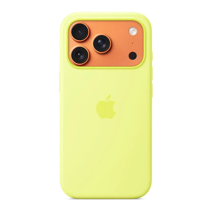 Das Bild zeigt die Apple iPhone Handyhülle MGFF4ZM/A aus Silikon. Sie ist kompatibel mit dem iPhone 17 Pro. In der Farbe Neongelb aus der Frontansicht.