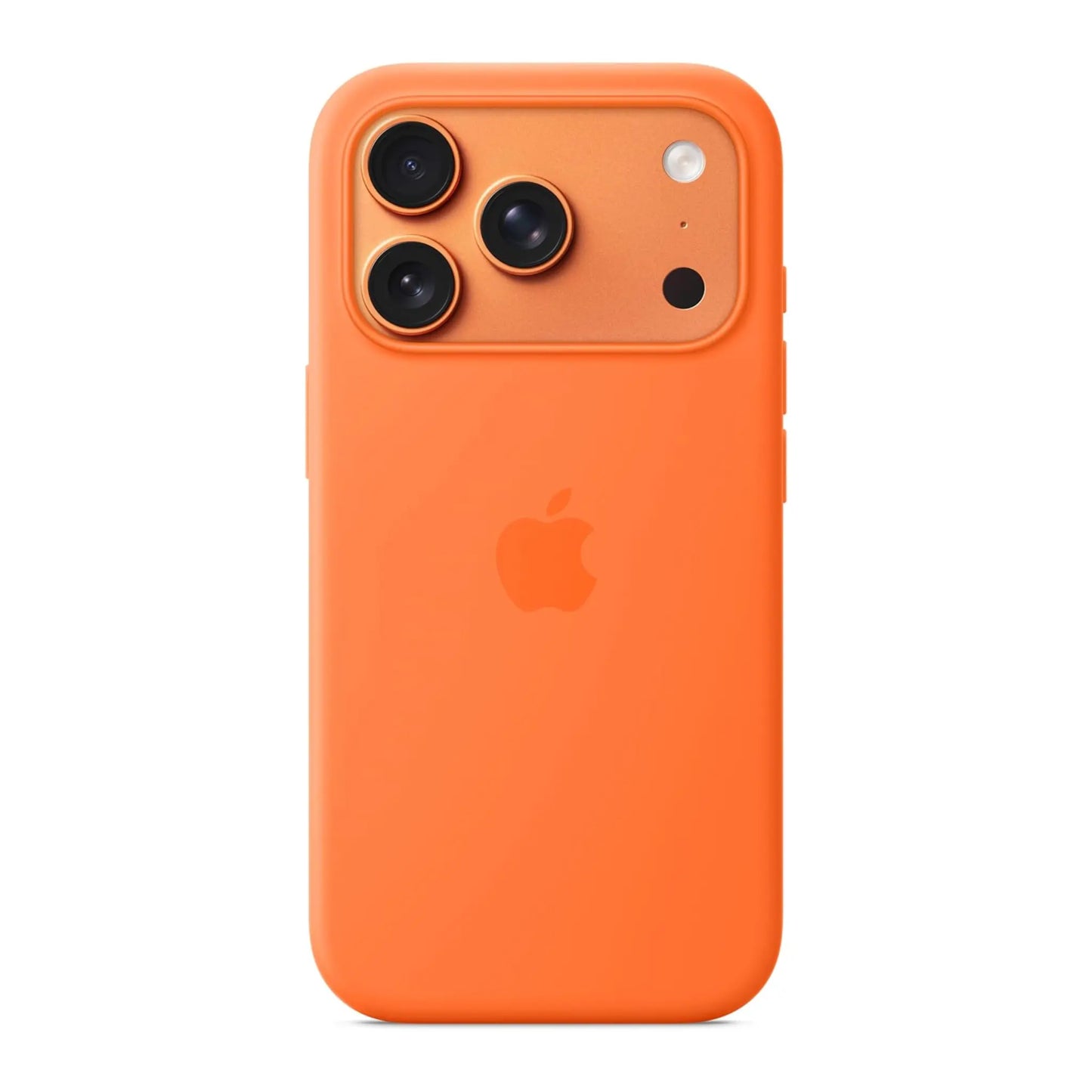 Das Bild zeigt die Apple iPhone Handyhülle MGFE4ZM/A aus Silikon. Sie ist kompatibel mit dem iPhone 17 Pro. In der Farbe Orange aus der Frontansicht.