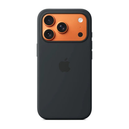 Das Bild zeigt die Apple iPhone Handyhülle MGFK4ZM/A aus Silikon. Sie ist kompatibel mit dem iPhone 17 Pro. In der Farbe Schwarz aus der Frontansicht.
