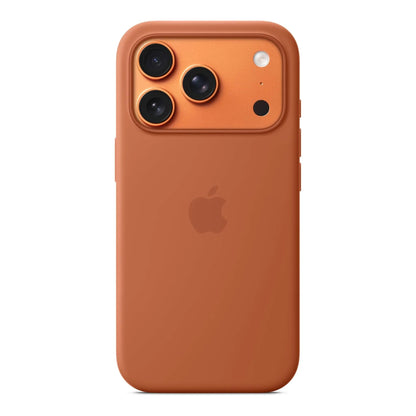 Das Bild zeigt die Apple iPhone Handyhülle MGFJ4ZM/A aus Silikon. Sie ist kompatibel mit dem iPhone 17 Pro. In der Farbe Terracotta aus der Frontansicht.