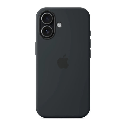 Das Bild zeigt die Apple iPhone Handyhülle MGF14ZM/A aus Silikon. Sie ist kompatibel mit dem iPhone 17. In der Farbe Schwarz aus der Frontansicht.