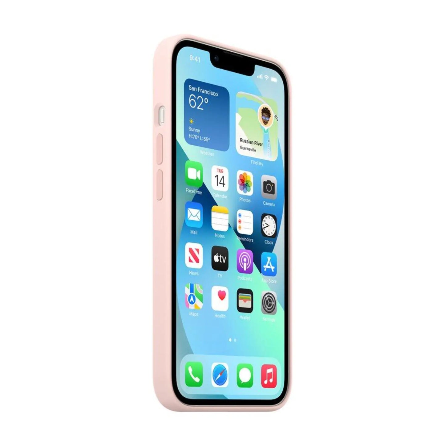 Das Bild zeigt die Apple iPhone Handyhülle MM283ZM/A aus Silikon. Sie ist kompatibel mit dem iPhone 13. In der Farbe Pink Pomelo aus der Seitenansicht.