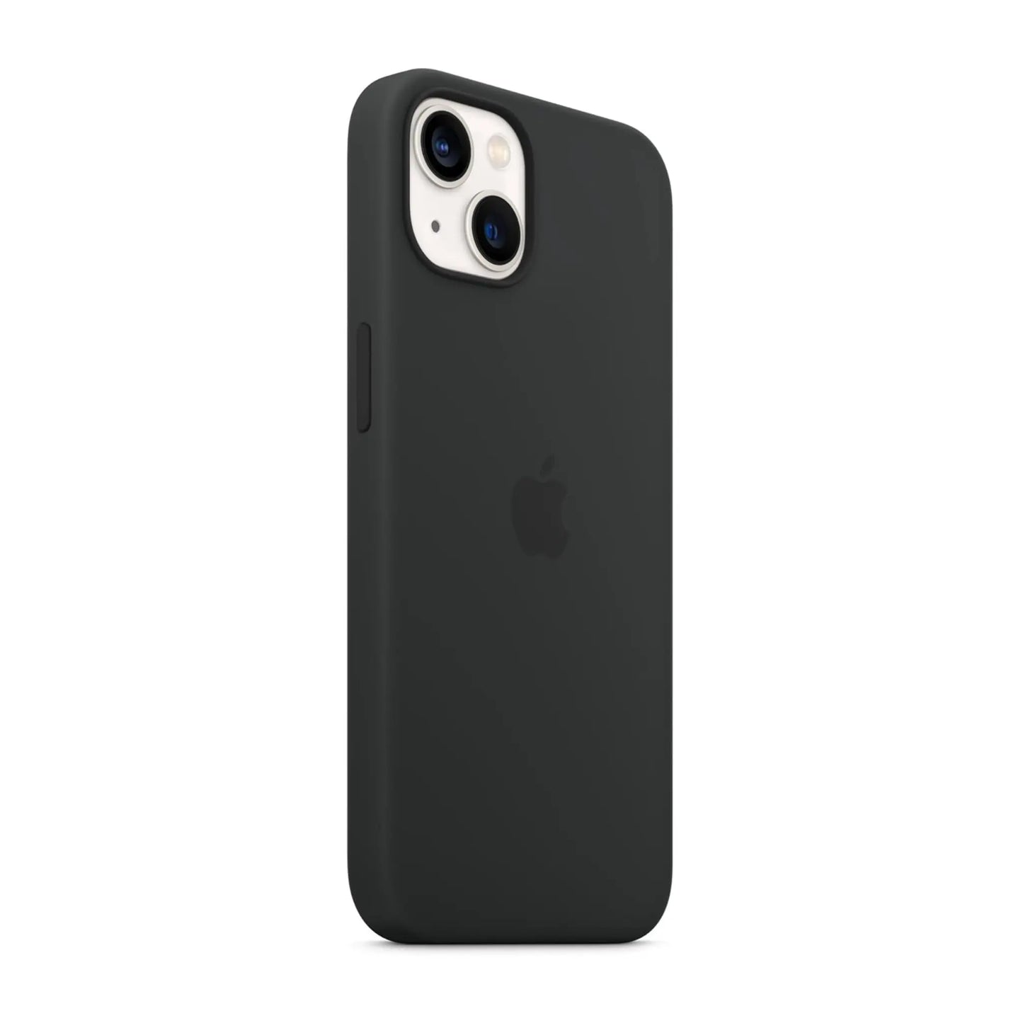 Das Bild zeigt die Apple iPhone Handyhülle MC4A4ZM/A aus Silikon. Sie ist kompatibel mit dem iPhone 13. In der Farbe Mitternacht aus der Schrägansicht.