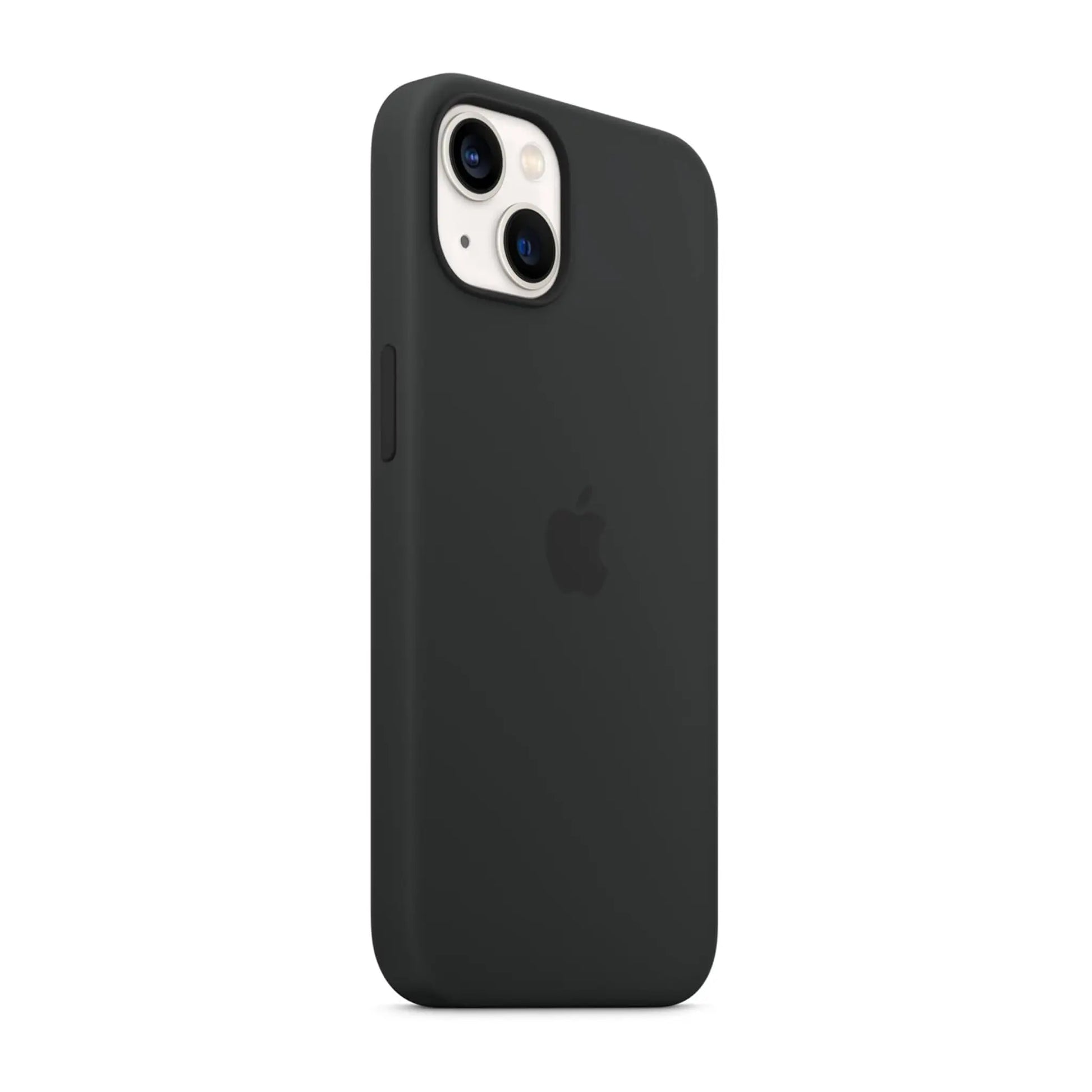 Das Bild zeigt die Apple iPhone Handyhülle MC4A4ZM/A aus Silikon. Sie ist kompatibel mit dem iPhone 13. In der Farbe Mitternacht aus der Schrägansicht.
