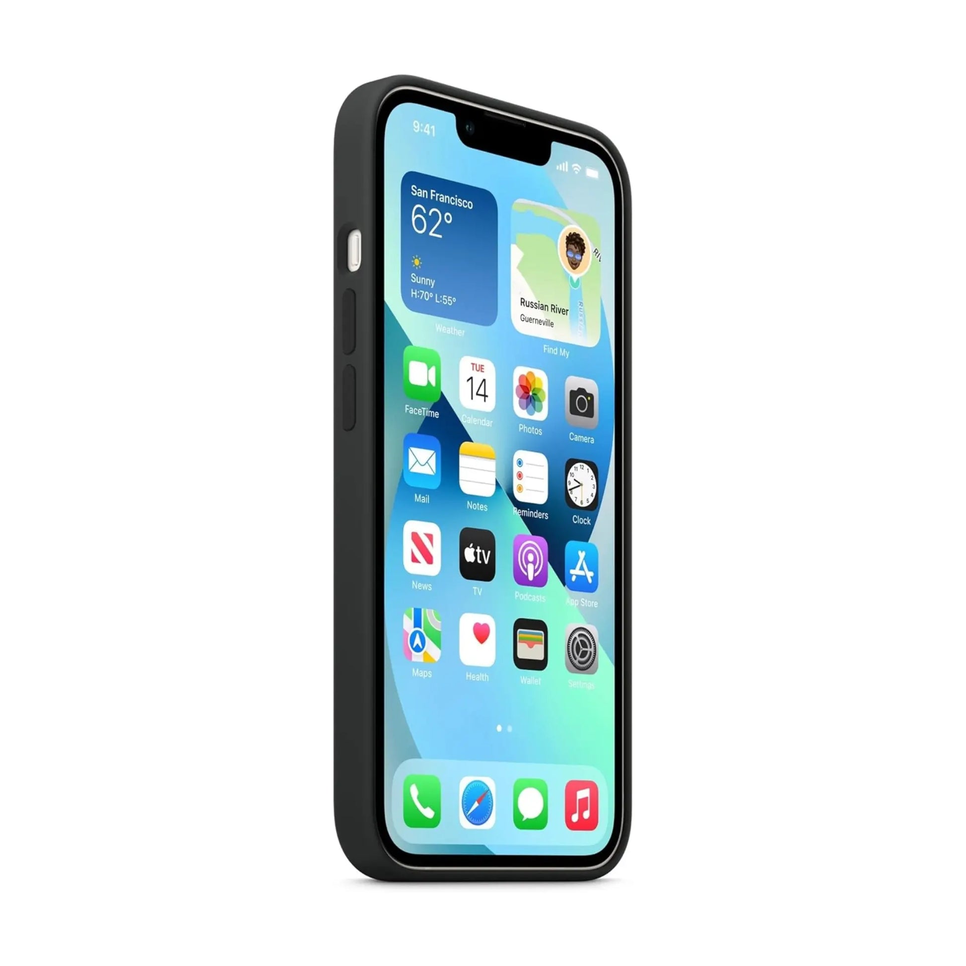 Das Bild zeigt die Apple iPhone Handyhülle MC4A4ZM/A aus Silikon. Sie ist kompatibel mit dem iPhone 13. In der Farbe Mitternacht aus der Seitenansicht.