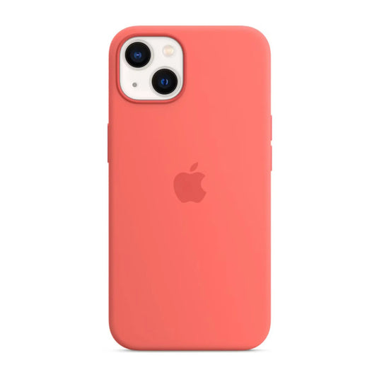 Das Bild zeigt die Apple iPhone Handyhülle MM253ZM/A aus Silikon. Sie ist kompatibel mit dem iPhone 13. In der Farbe Pink Pomelo aus der Frontansicht.