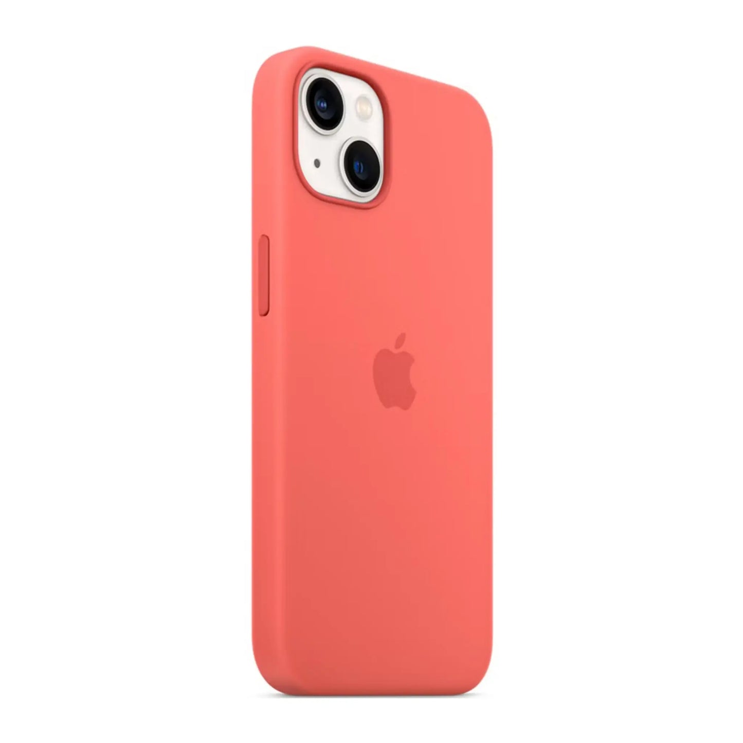Das Bild zeigt die Apple iPhone Handyhülle MM253ZM/A aus Silikon. Sie ist kompatibel mit dem iPhone 13. In der Farbe Pink Pomelo aus der Schrägansicht.