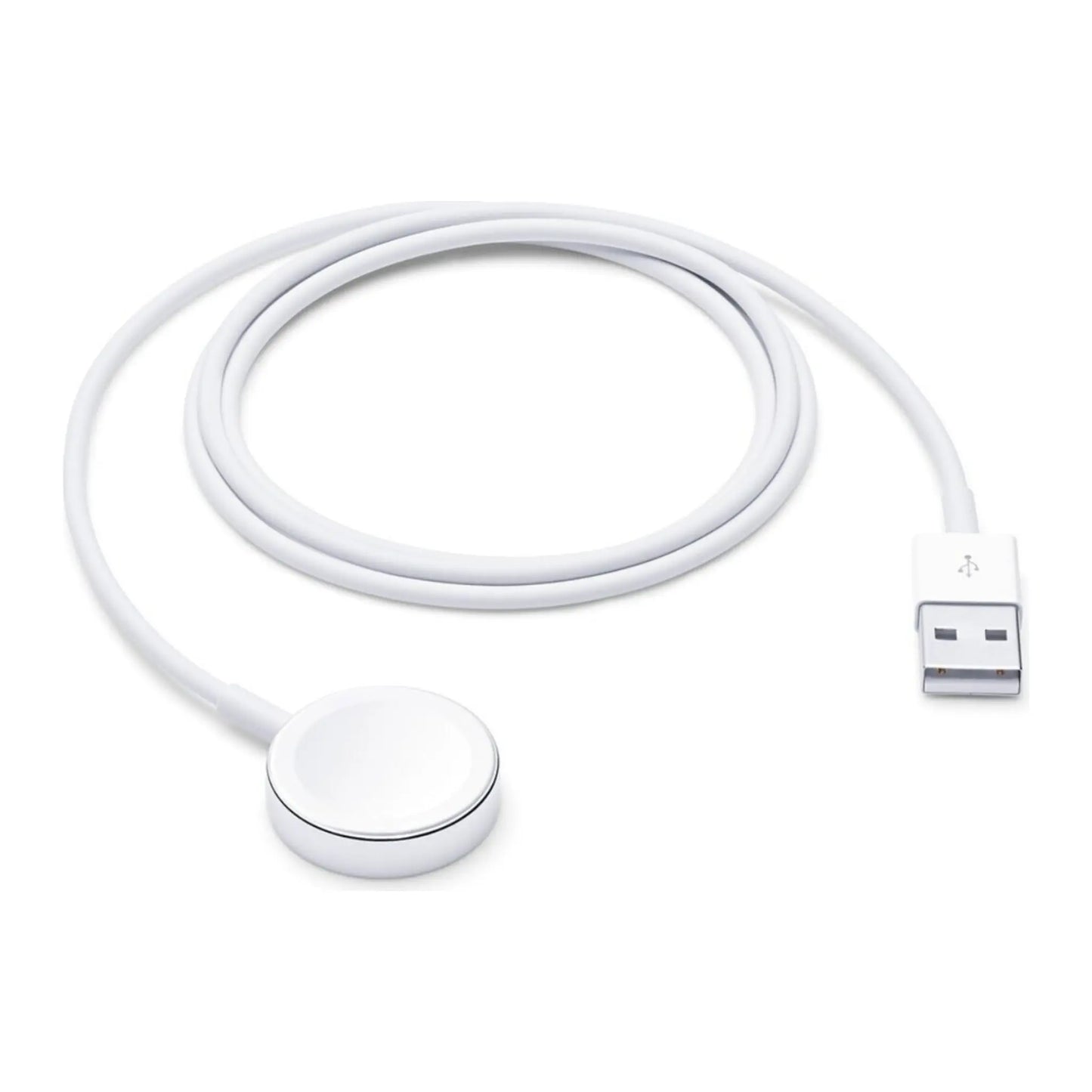 Das Bild zeigt das Apple Watch MagSafe Ladegerät USB-A mit einer Kabellänge von 1 Meter aus der Frontansicht.