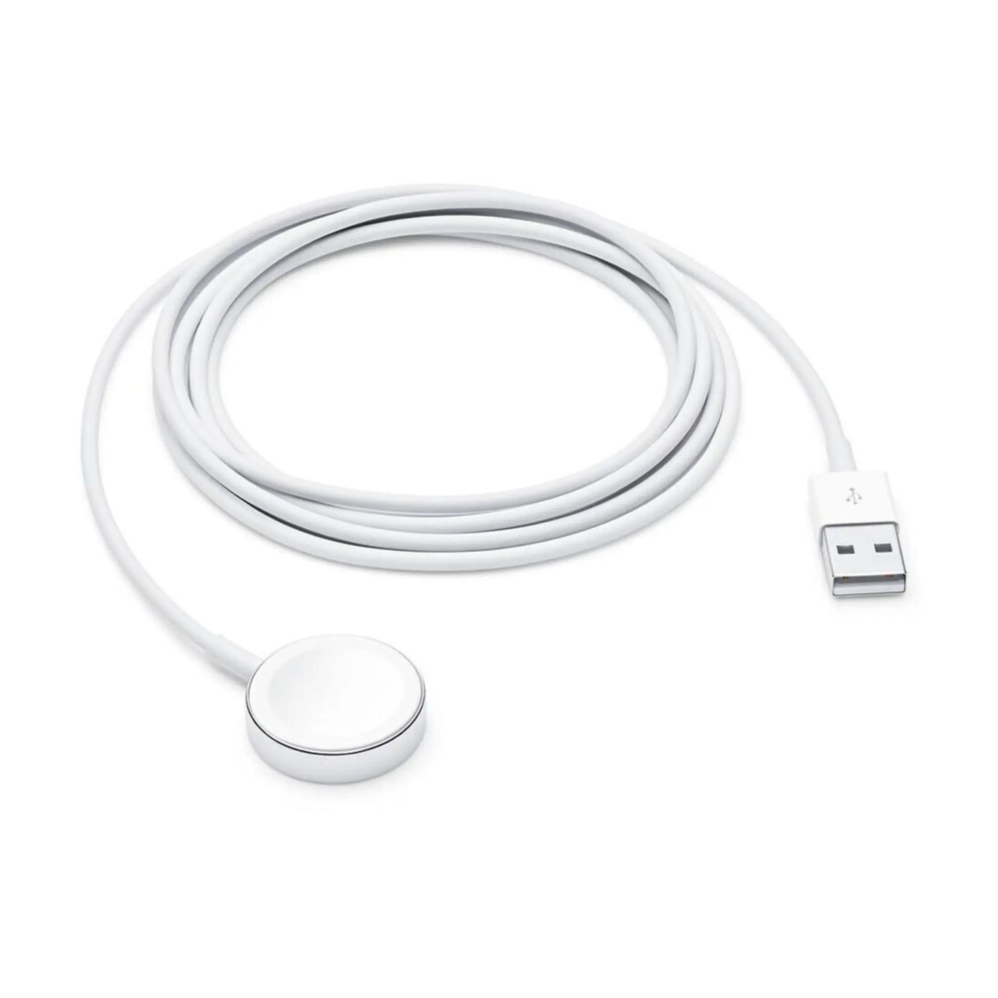 Das Bild zeigt das Apple Watch MagSafe Ladegerät USB-A mit einer Kabellänge von 2 Meter aus der Frontansicht.